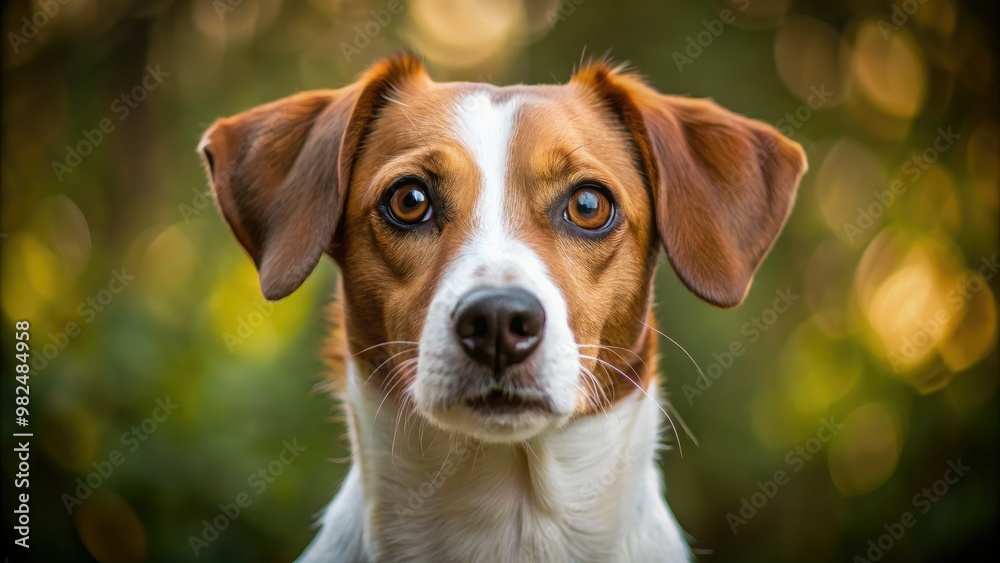 The Brown and white Jug dog, with fur fluffed and eyes wide, tilts its head in curiosity, gazing straight at the camera with an endearing innocence. The Brown and white Jug dog, with fur fluffed and eyes wide, tilts its head in curiosity, gazing straight at the camera with an endearing innocence.