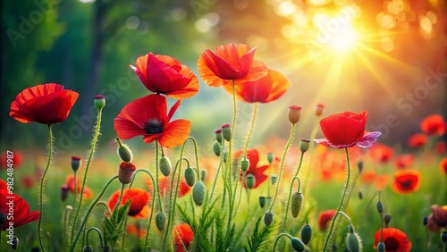 Vibrant red poppies sway softly in a sunlit meadow, their delicate petals dancing against a blurred background of