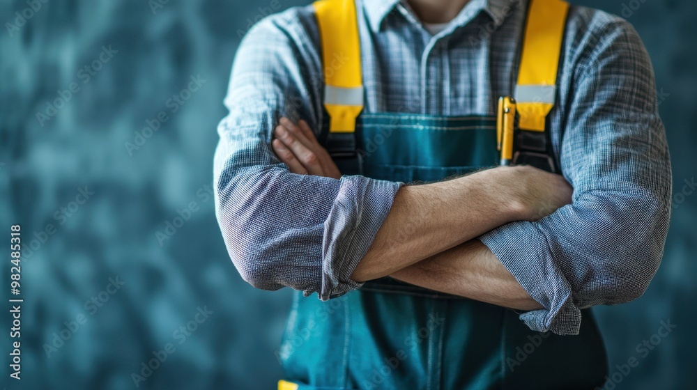 A skilled worker crosses arms confidently while posing in an industrial setting with a blue background during daylight hours A skilled worker crosses arms confidently while posing in an industrial setting with a blue background during daylight hours