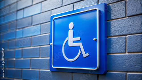 Vibrant blue background showcases a crisp white icon of a person in a wheelchair on a shiny metal handicap accessible restroom sign mounted on a wall. photo