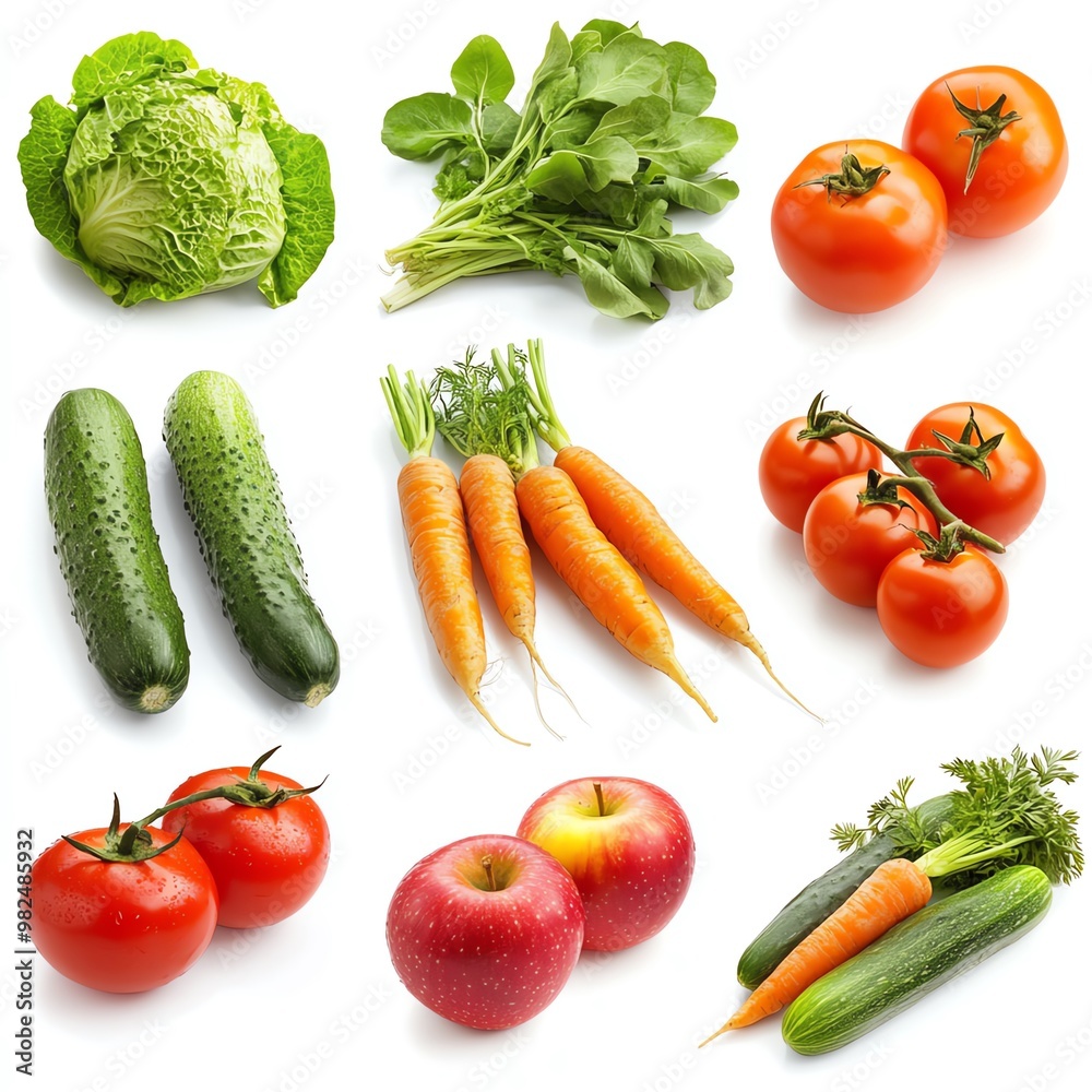 A colorful arrangement of fresh vegetables including lettuce, cucumbers, tomatoes, carrots, and apples on a white background. A colorful arrangement of fresh vegetables including lettuce, cucumbers, tomatoes, carrots, and apples on a white background.