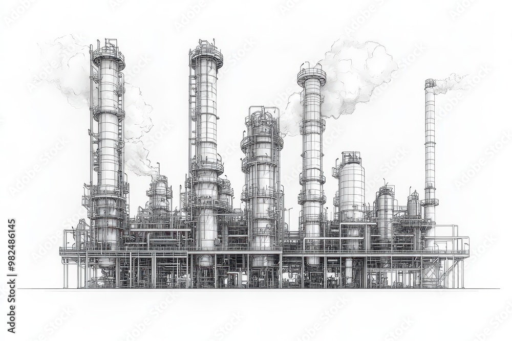 minimalist line drawing of industrial refinery intricate network of pipes and towers against stark white background separate layer of stylized cloud forms minimalist line drawing of industrial refinery intricate network of pipes and towers against stark white background separate layer of stylized cloud forms
