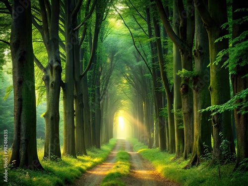 The forest path unwinds like a serpentine ribbon, flanked by towering dark green trees that radiate an ethereal light. photo