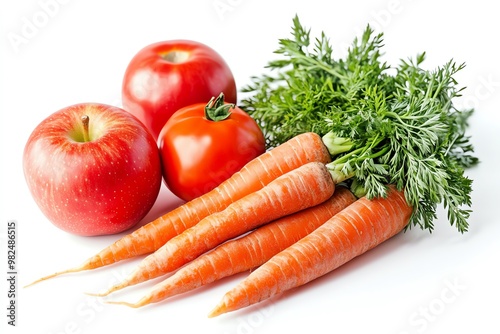 Fresh and vibrant fruits and vegetables including apples, tomatoes, and carrots arranged for a healthy diet concept.