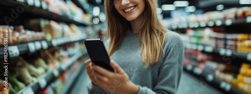 city girl smiling looking at the phone while shopping in a supermarket 