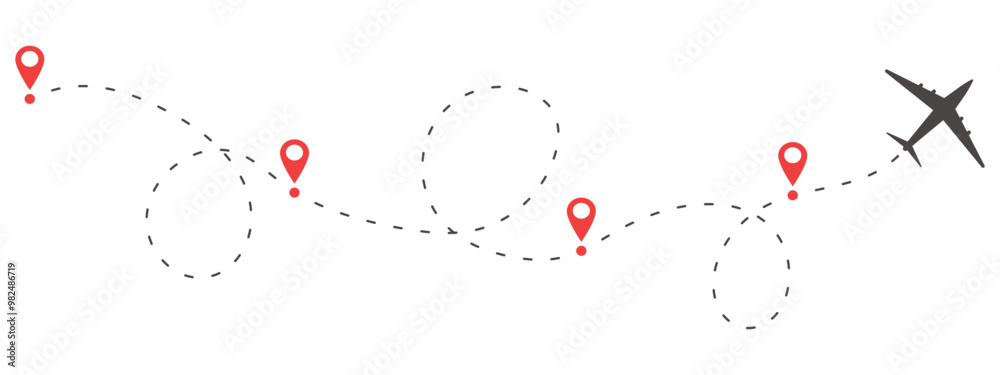Plane timeine trail dashed line with pin. Infographic destination work process template. Airplane icons, roadmap infographic and travel path routes with location Plane timeine trail dashed line with pin. Infographic destination work process template. Airplane icons, roadmap infographic and travel path routes with location