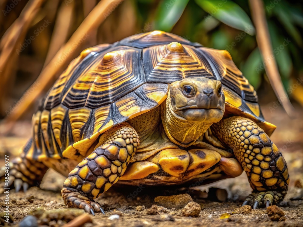 The leopard tortoise showcases its distinctive mottled shell, a blend of brown and yellow hues, supported by sturdy legs. The leopard tortoise showcases its distinctive mottled shell, a blend of brown and yellow hues, supported by sturdy legs.