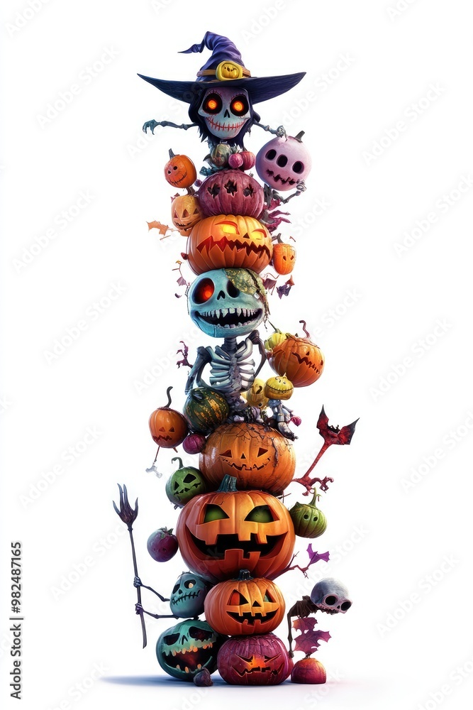 Fototapeta premium A Stack of Carved Pumpkins with Skeletons and Witch for Halloween