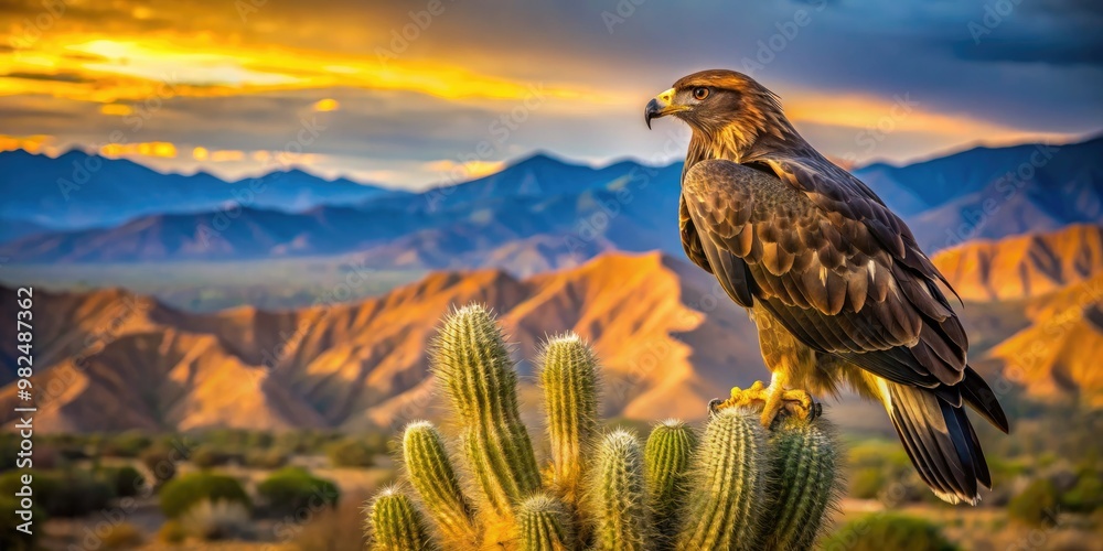 Fototapeta premium The majestic Mexican golden eagle sat regally on the towering cactus, its vibrant feathers glowing against the parched desert landscape's rust-hued terrain.