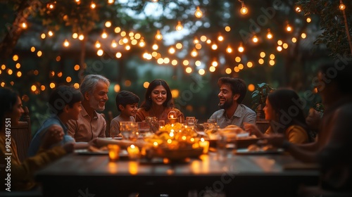 Family Sharing a Festive Dinner During Indian Celebration with String Lights and Laughter