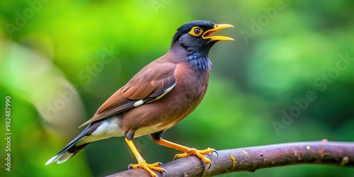 The Mynah bird's soft coos fill the air as it tilts its head, beak agape, as if sharing a juicy secret with the whispering leaves.