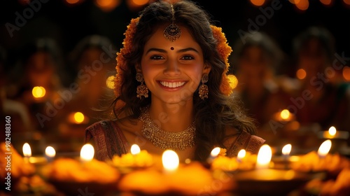 Smiling Woman Celebrating Indian Festival with Traditional Diyas and Glowing Candles photo