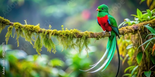 The quetzal bird with its impressive, iridescent tail feathers reclines effortlessly on a sturdy branch, surrounded by the rich greens and vibrant hues of the lush forest.