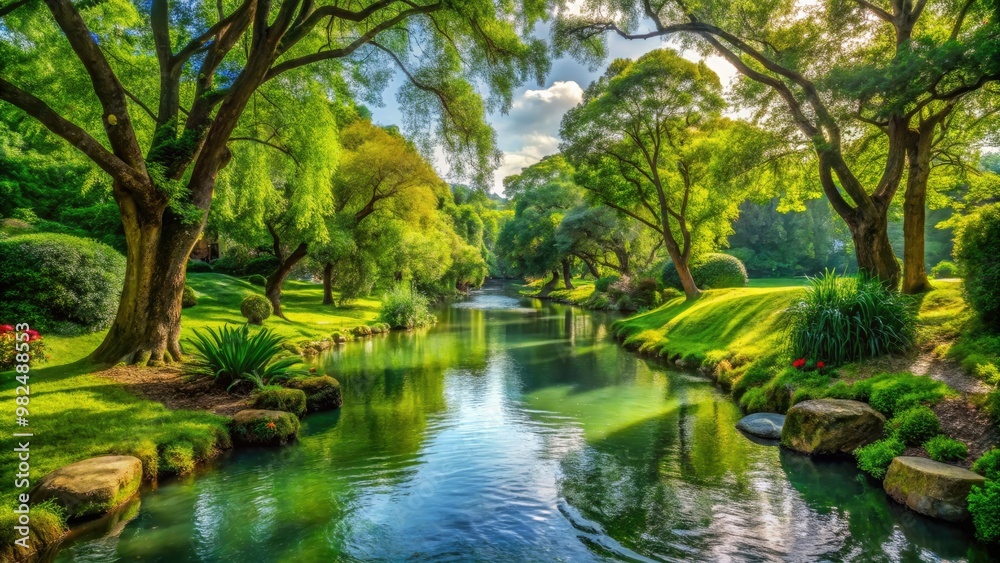 The river meanders gently through a vibrant green oasis, surrounded by a tapestry of flora and towering trees that stretch towards the sky. The river meanders gently through a vibrant green oasis, surrounded by a tapestry of flora and towering trees that stretch towards the sky.