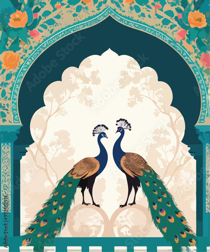 Mughal garden wedding invitation arch with peacocks vector illustration