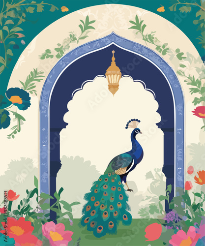 Mughal garden wedding invitation arch with peacocks vector illustration