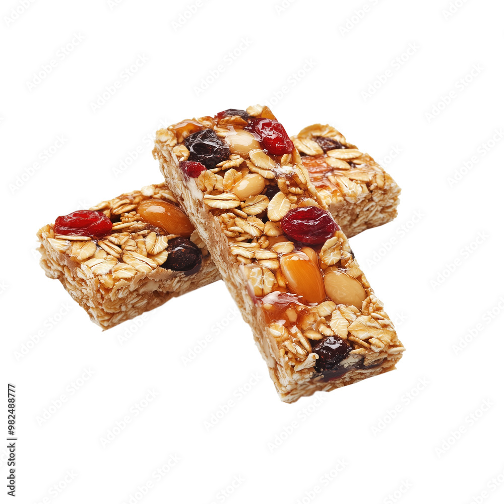 Two granola bars with mixed nuts and dried fruits, on a transparent background Two granola bars with mixed nuts and dried fruits, on a transparent background