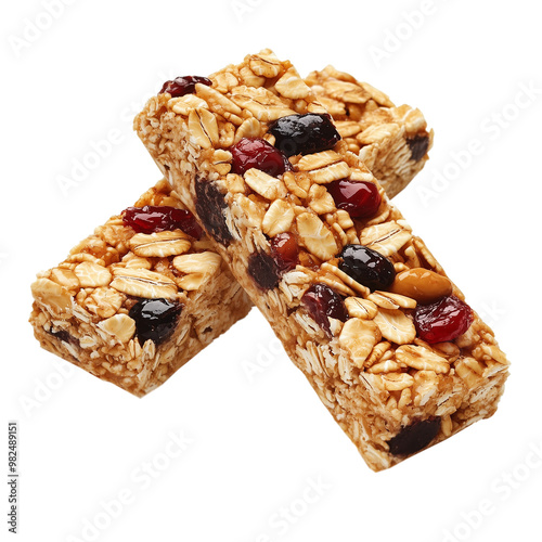 Two granola bars with mixed nuts and dried fruits, on a transparent background