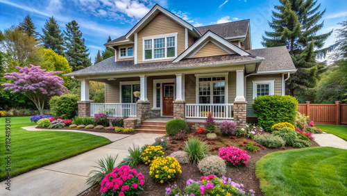 Beautifully landscaped front yard with blooming flowers and a welcoming porch adorn the exterior of a cozy new home, symbolizing a new chapter in life.