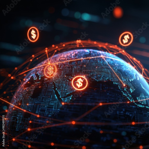 A digital globe showcasing global finance connections with illuminated dollar signs representing online transactions.