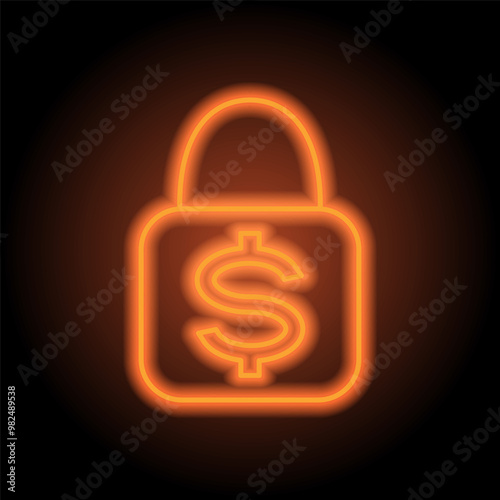 Lock, dollar simple icon vector. Flat design. Orange neon on black background