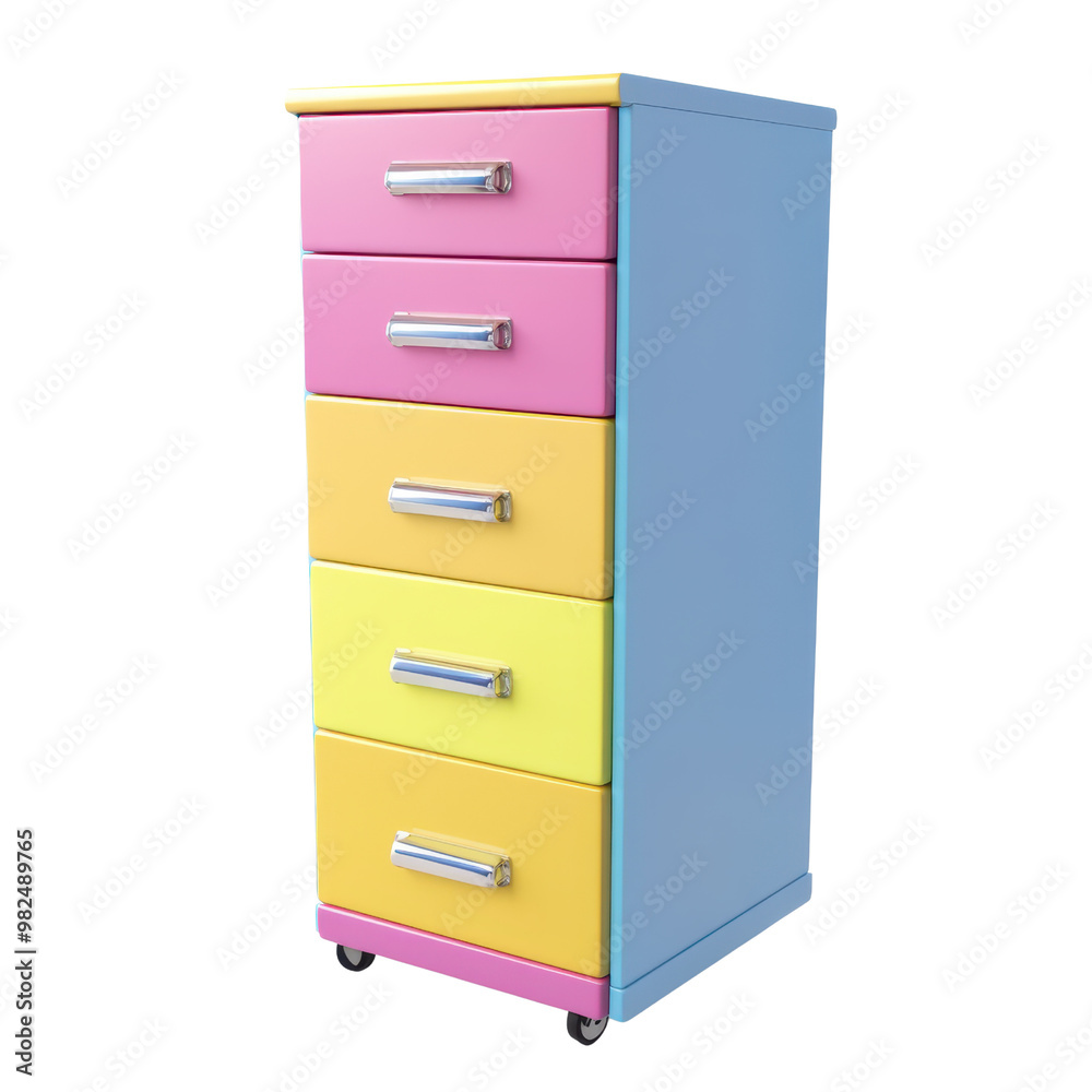 A vibrant, multi-colored filing cabinet with five drawers, perfect for organizing office or home files in style., isolated on a transparent background. A vibrant, multi-colored filing cabinet with five drawers, perfect for organizing office or home files in style., isolated on a transparent background.