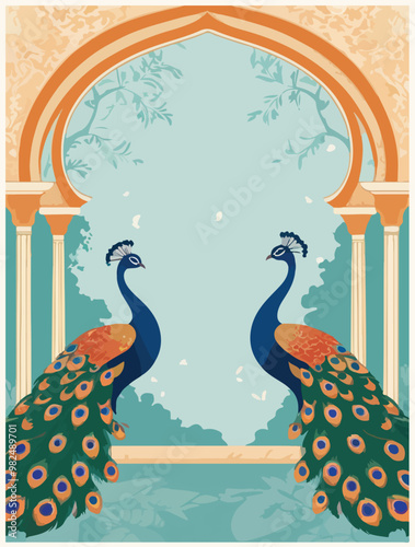 Mughal garden wedding invitation arch with peacocks vector illustration