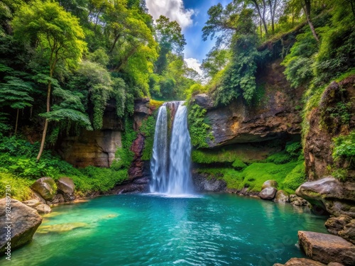 The Waterfall cascades into a serene pool, surrounded by lush foliage and rugged rocky cliffs that create a dramatic and natural ambiance. photo