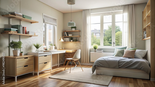 Cozy and minimalist dorm room with a single bed, desk, chair, and closet, surrounded by soft natural light and pastel colors, perfect for studying.