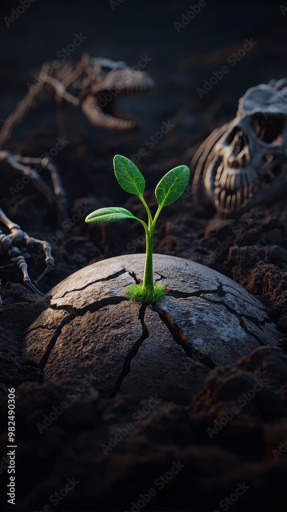 Naklejka premium A resilient sprout emerges from cracked earth, symbolizing new life amidst remnants of the past and a cycle of rebirth.