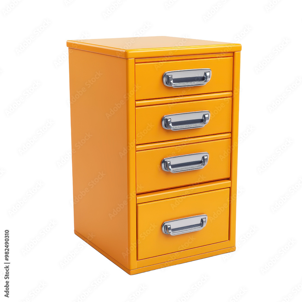 Bright orange filing cabinet with four drawers, suitable for office organization and storage solutions., isolated on a transparent background. Bright orange filing cabinet with four drawers, suitable for office organization and storage solutions., isolated on a transparent background.