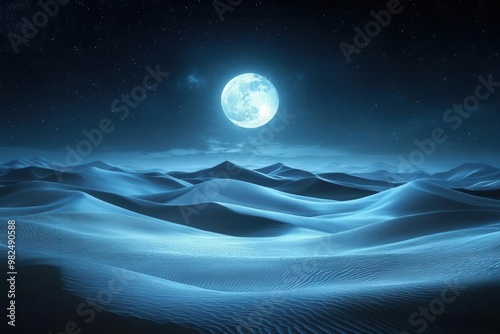 moonlit desert landscape with undulating sand dunes stretching to the horizon silvery light casts long shadows creating a mesmerizing interplay of light and texture photo