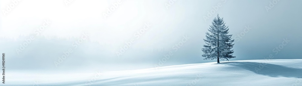 Fototapeta premium A serene winter landscape featuring a lone tree surrounded by soft, white snow under a clear blue sky.