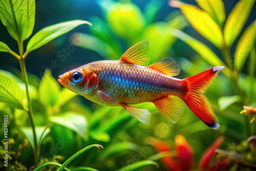 Tiny freshwater fish dart through lush aquatic foliage, illuminated by warm rays of sunlight filtering through transparent water. photo