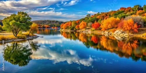 Fototapeta Naklejka Na Ścianę i Meble -  Tranquil lake waters mirror vibrant fall colors in Possum Kingdom Lake's serene autumn landscape, inviting relaxation and wonder.
