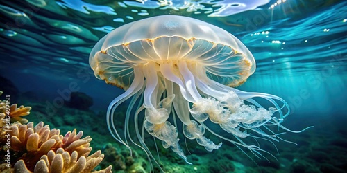 Translucent jellyfish drift effortlessly through crystal clear water, its frilly tentacles resembling tender cabbage leaves swaying gently in the current.