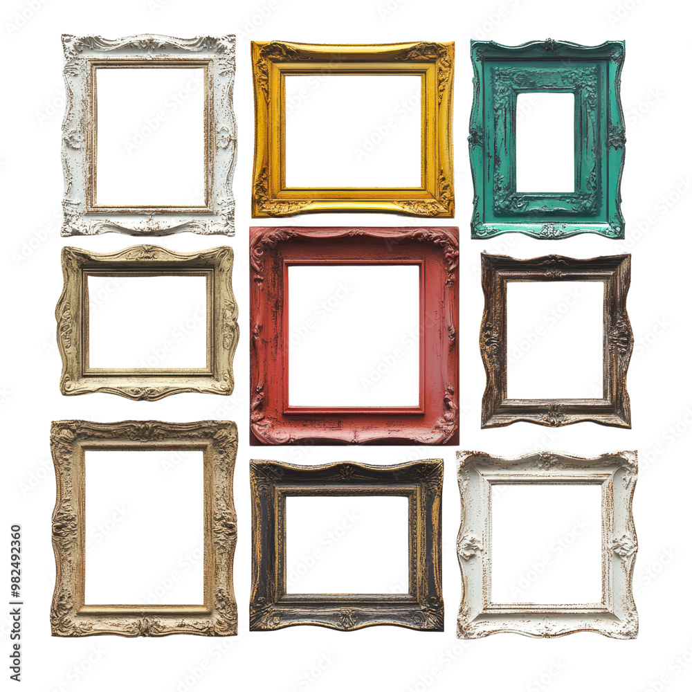 A collection of decorative photo frames in various styles and colors, perfect for showcasing artwork or photographs., isolated on a transparent background. A collection of decorative photo frames in various styles and colors, perfect for showcasing artwork or photographs., isolated on a transparent background.