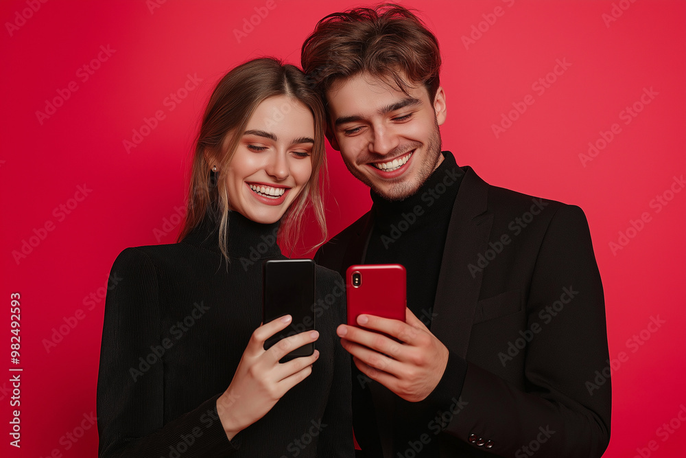 A cute and happy young couple using a smartphone to shop online. Concept sale , black Friday A cute and happy young couple using a smartphone to shop online. Concept sale , black Friday