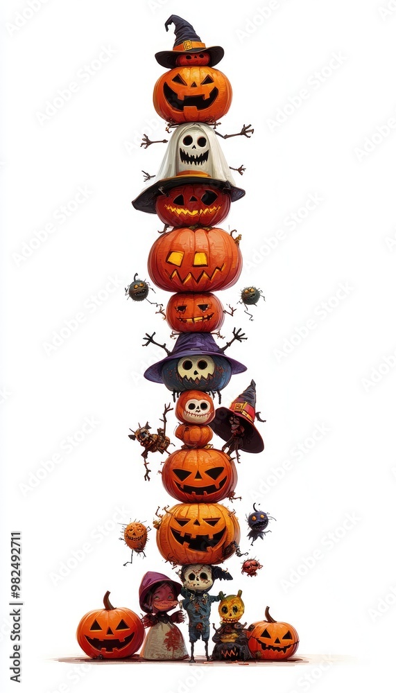 Fototapeta premium Jack-O'-Lantern Stack with Halloween Characters