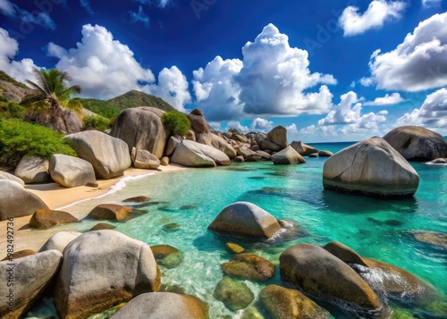 Turquoise waters lap gently against Virgin Gorda's secluded beach, surrounded...