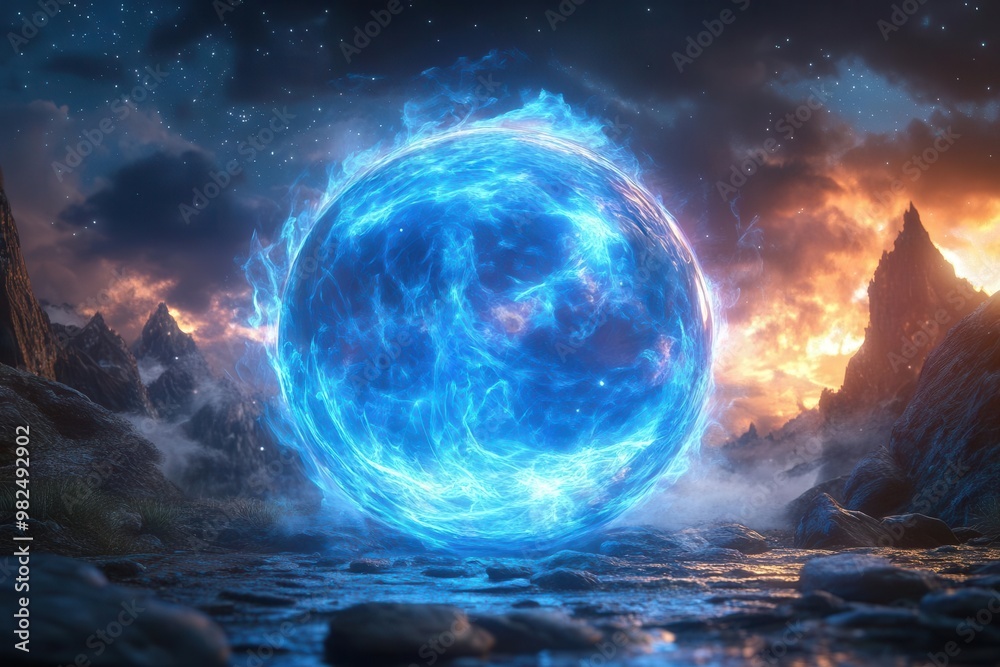 mystical fortunetelling scene translucent magic eight ball engulfed in ethereal blue flames floating against a starry night sky mystical fortunetelling scene translucent magic eight ball engulfed in ethereal blue flames floating against a starry night sky