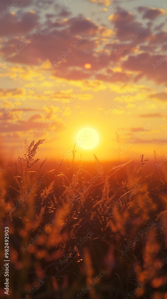 Fototapeta premium Beauty sunset in meadow with grass farm with sun light orange horizon sky story background
