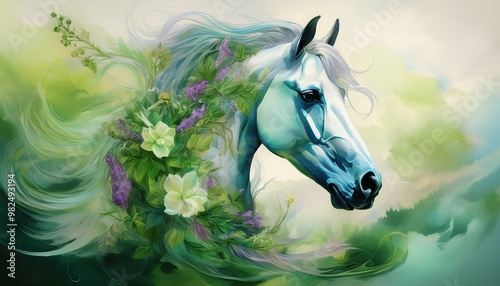 white horse art portrait with flowers photo