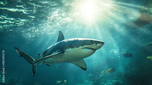 A great white shark swims through the ocean, sunlight shining through the water, with other fish in the background. 