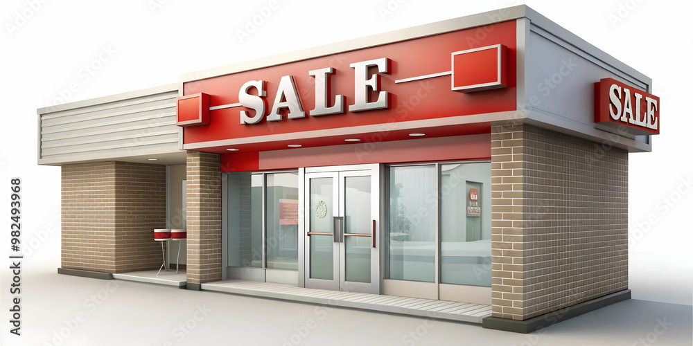 3D Isolated Retail Storefront with Sale Sign: Vibrant Vector Design for Marketing & Business Promotions on White Background 3D Isolated Retail Storefront with Sale Sign: Vibrant Vector Design for Marketing & Business Promotions on White Background