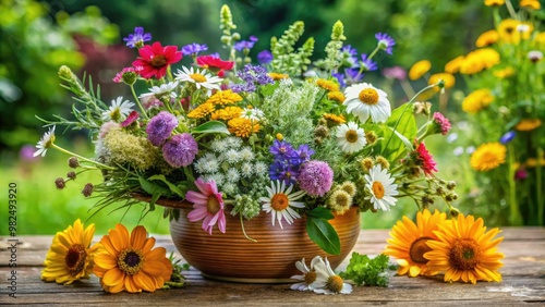 Vibrant arrangement of blooming wildflowers and aromatic herbs in a natural setting.