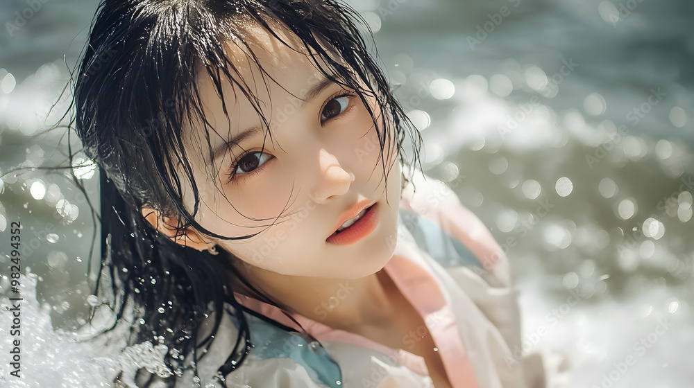 Wet Hair, Sparkly Eyes: Asian Woman in Water Wet Hair, Sparkly Eyes: Asian Woman in Water
