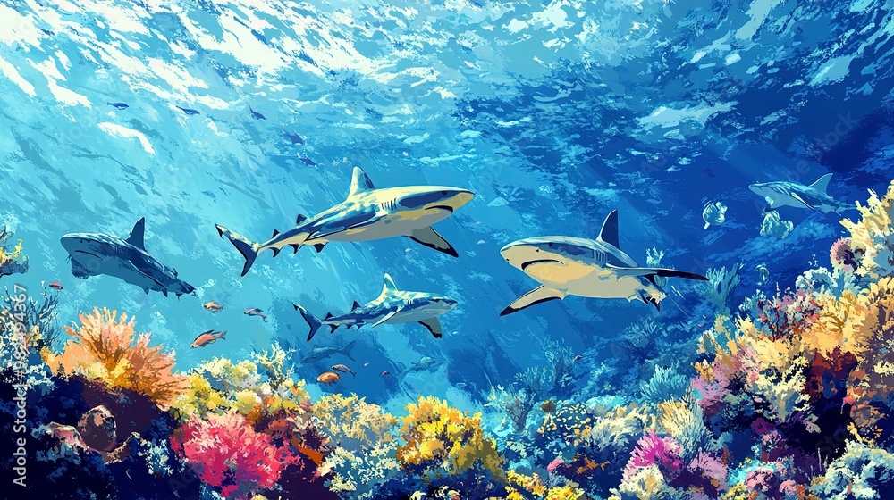 Fototapeta premium A school of reef sharks gliding through crystal-clear tropical waters, surrounded by vibrant coral and marine life 