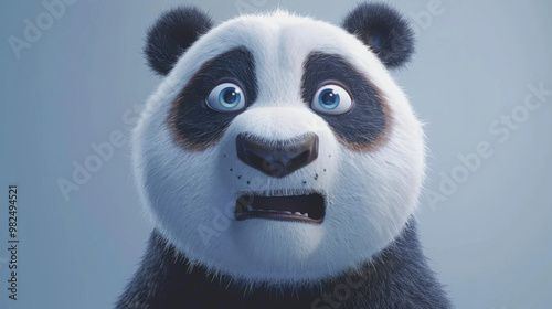A surprised panda with wide, expressive eyes stands out against a minimalist backdrop, exuding a mix of cuteness and humor.