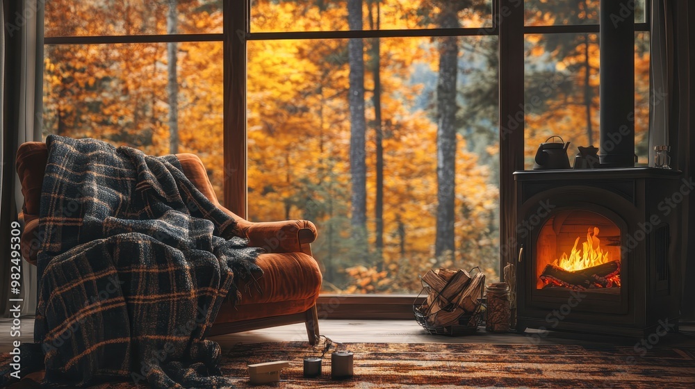 Fototapeta premium Cozy Autumn Cabin Interior with Fireplace and Window View